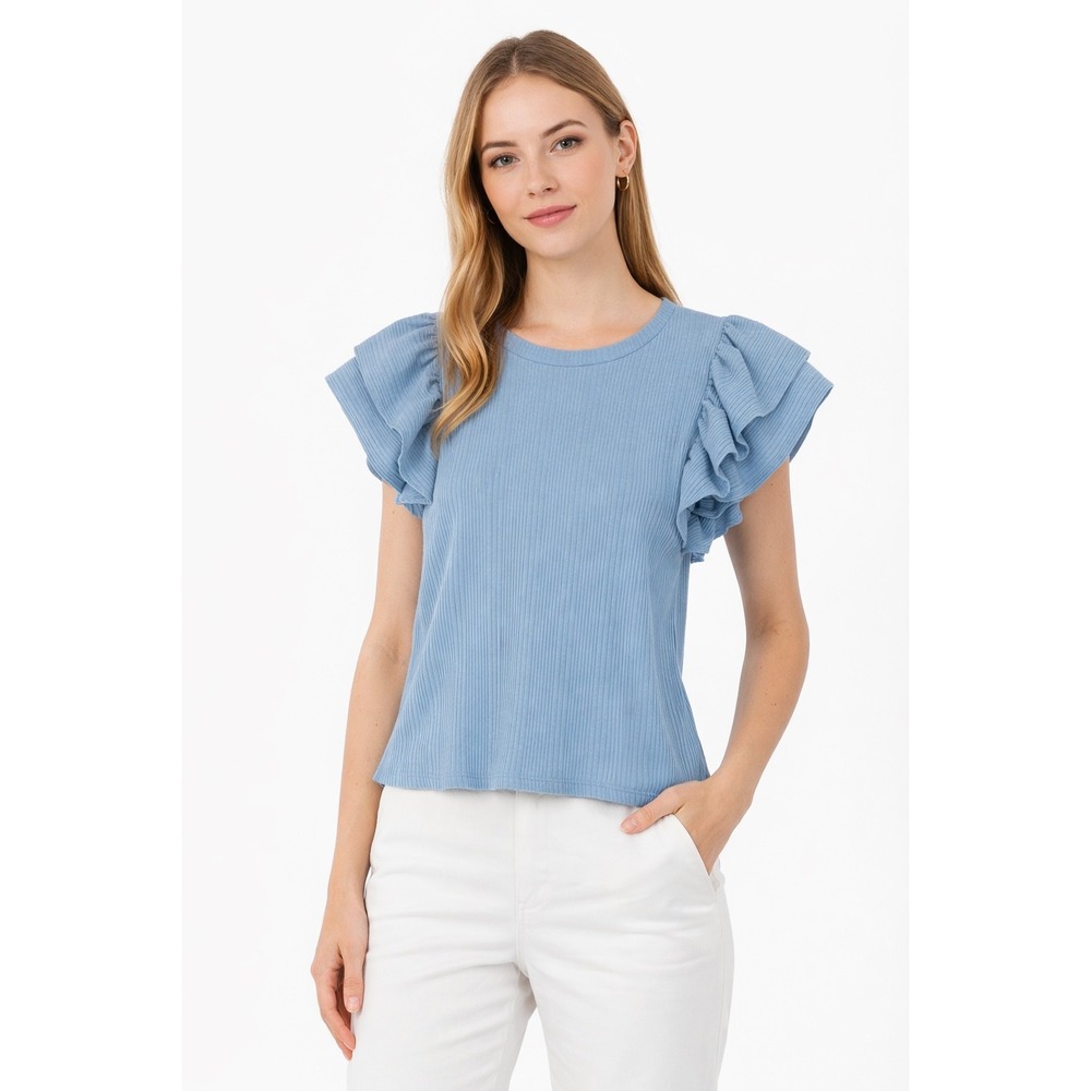 ZARA Blue Ribbed Flutter Sleeve Crew Neck Top Women's L Resortwear Pastel 100-66